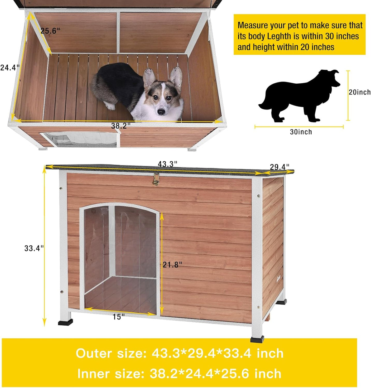 Dog House Outdoor & Indoor Wooden Dog Kennel for Winter with Raised Feet Weatherproof for Small &