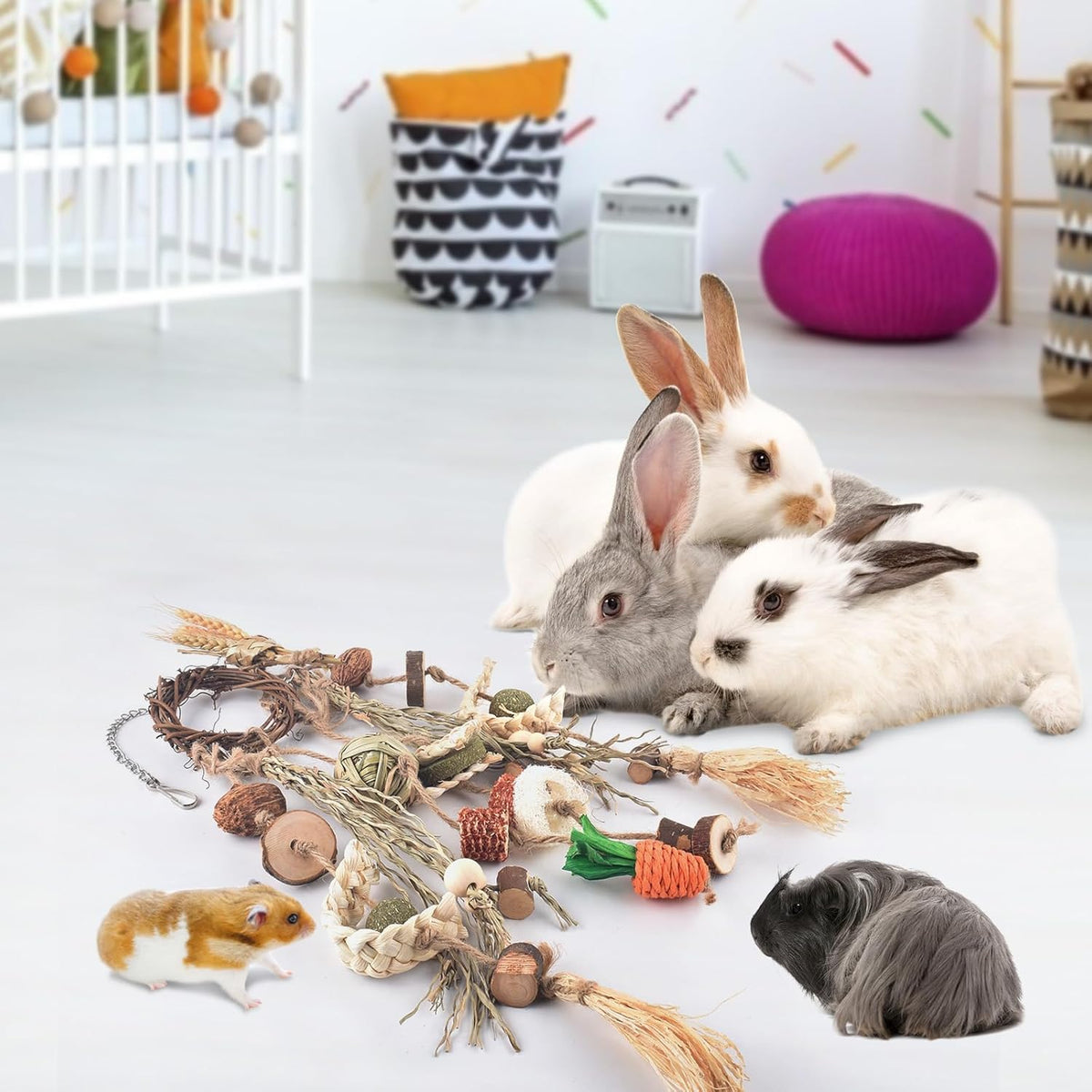 Bissap Bunny Chew Toy, Rabbits Cage Hanging Chew Toys and Treats Rattan Ring with Snacks Water