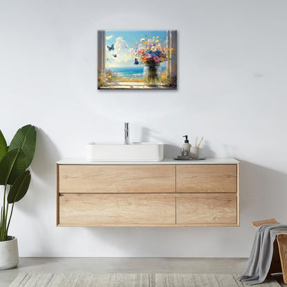 Beach Floral Bathroom Pictures Wall Art, Colorful Flower Bathroom Wall Decor, Coastal Ocean Framed