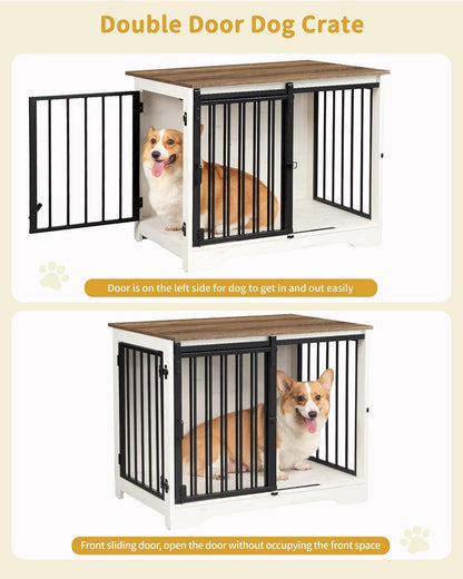 31.9" Dog Crate Furniture with Barn Door, Heavy Duty Dog Kennel Indoor with 2 Doors, Wooden Pet