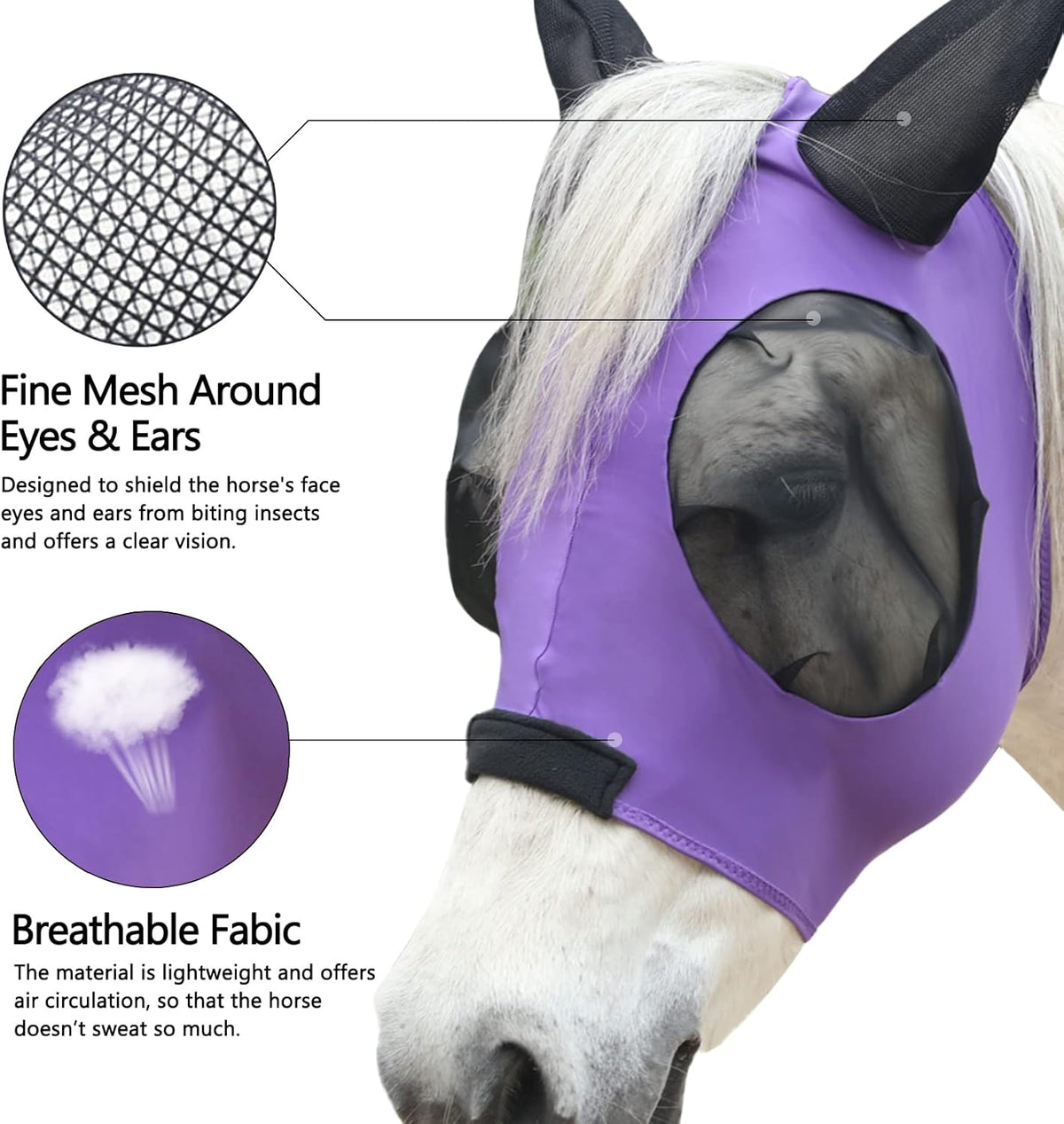 Horse Fly Mask with Ears - Large Eye Space for Full Vision, Breathable Stretch Comfort Fit, UV