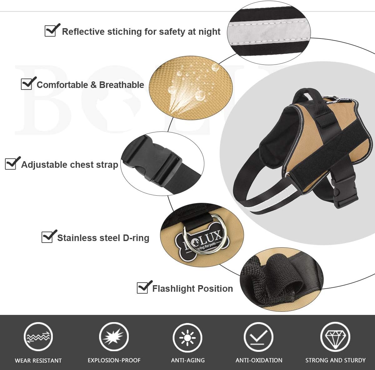 Bolux Dog Harness, No-Pull Reflective Dog Vest, Breathable Adjustable Pet Harness with Handle for