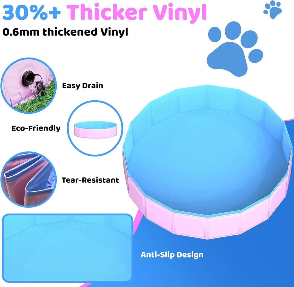 2025 Updated Foldable Dog Pool, 71" x 12" Kiddie Pool with Hard Plastic, Non-Slip Dog Bath Tub for