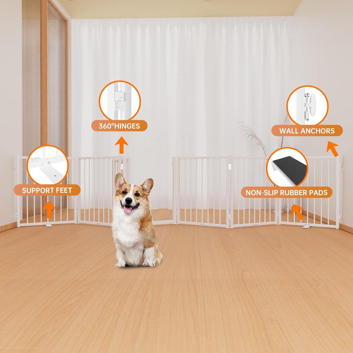 Full Metal Freestanding Dog Gate with Door, 24'' Height Foldable Pet Dog Fence for Indoor &