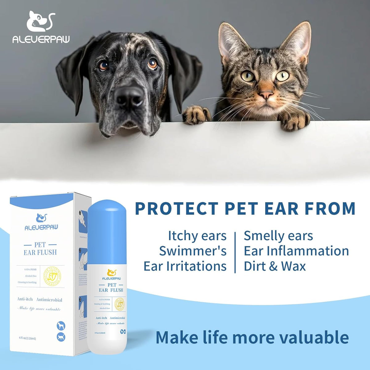 Tris Flush Cat & Dog Ear Cleaner - Dog Ear Infection Treatment with PHMB, Removes Wax, Odo, Gentle