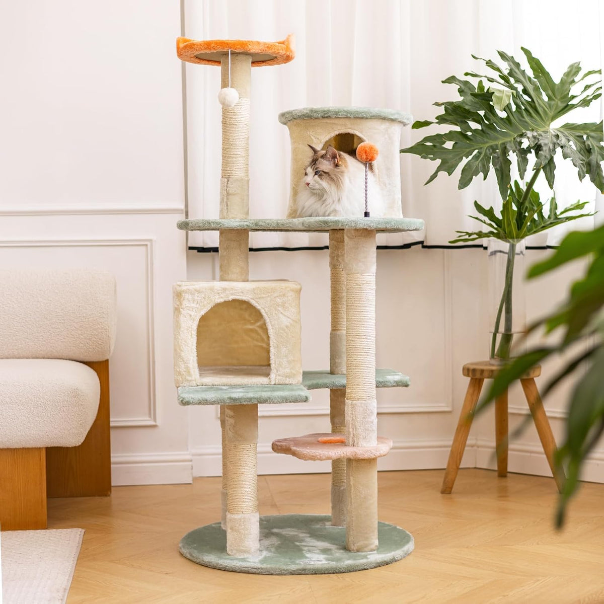 HYABi 53 Inch Flower Cat Tree - Multi-Level Cat Condo with Scratch Posts & Toys, Fresh Design