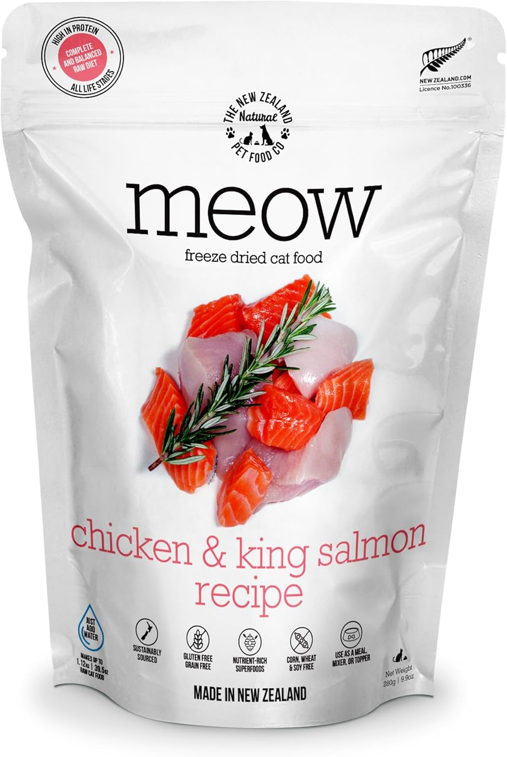 Meow Chicken & King Salmon Freeze Dried Raw Cat Food, Mixer, or Topper, or Treat - High Protein