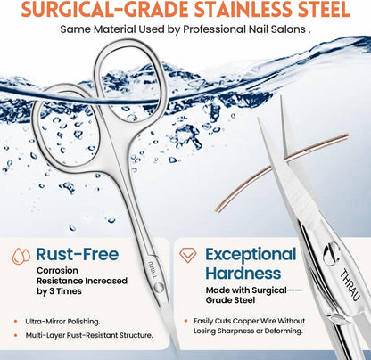 THRAU Left-Handed Cuticle Scissors – Surgical Grade Stainless Steel with Sharp Curved Tip for