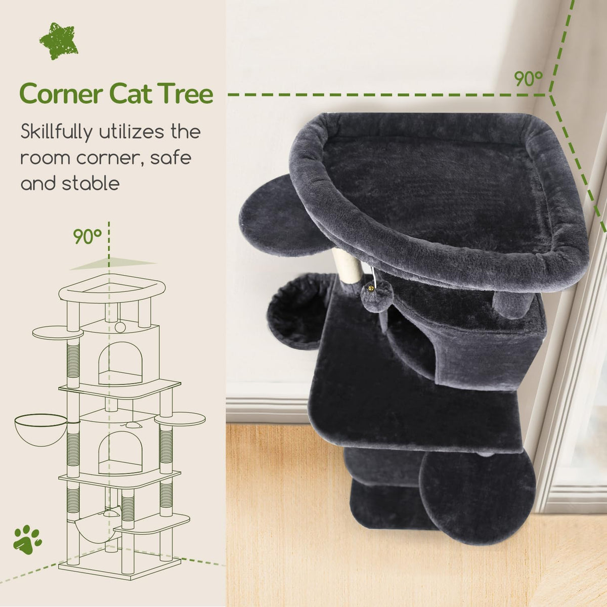 Globlazer Corner Cat Tree for Large Cats, 66inch Tall Curved Series Large Cat Tower for Multiple