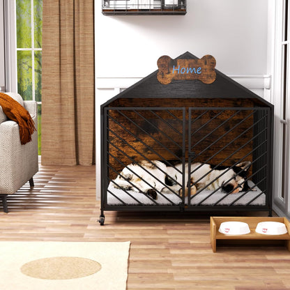 Heavy Duty Dog Crate Furniture for Large Breed - 39.4" Chew-Proof Kennel with Gable Roof, Double