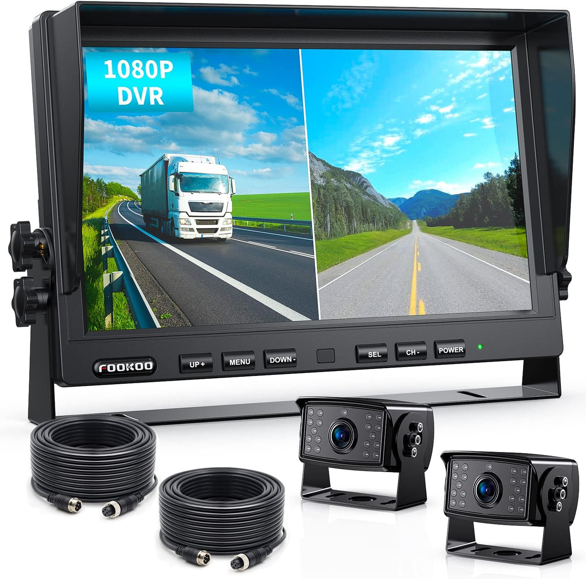 Fookoo ??HD Wired Backup Camera System Kit,10 inch Dual Split Screen Monitor with Recording IP69