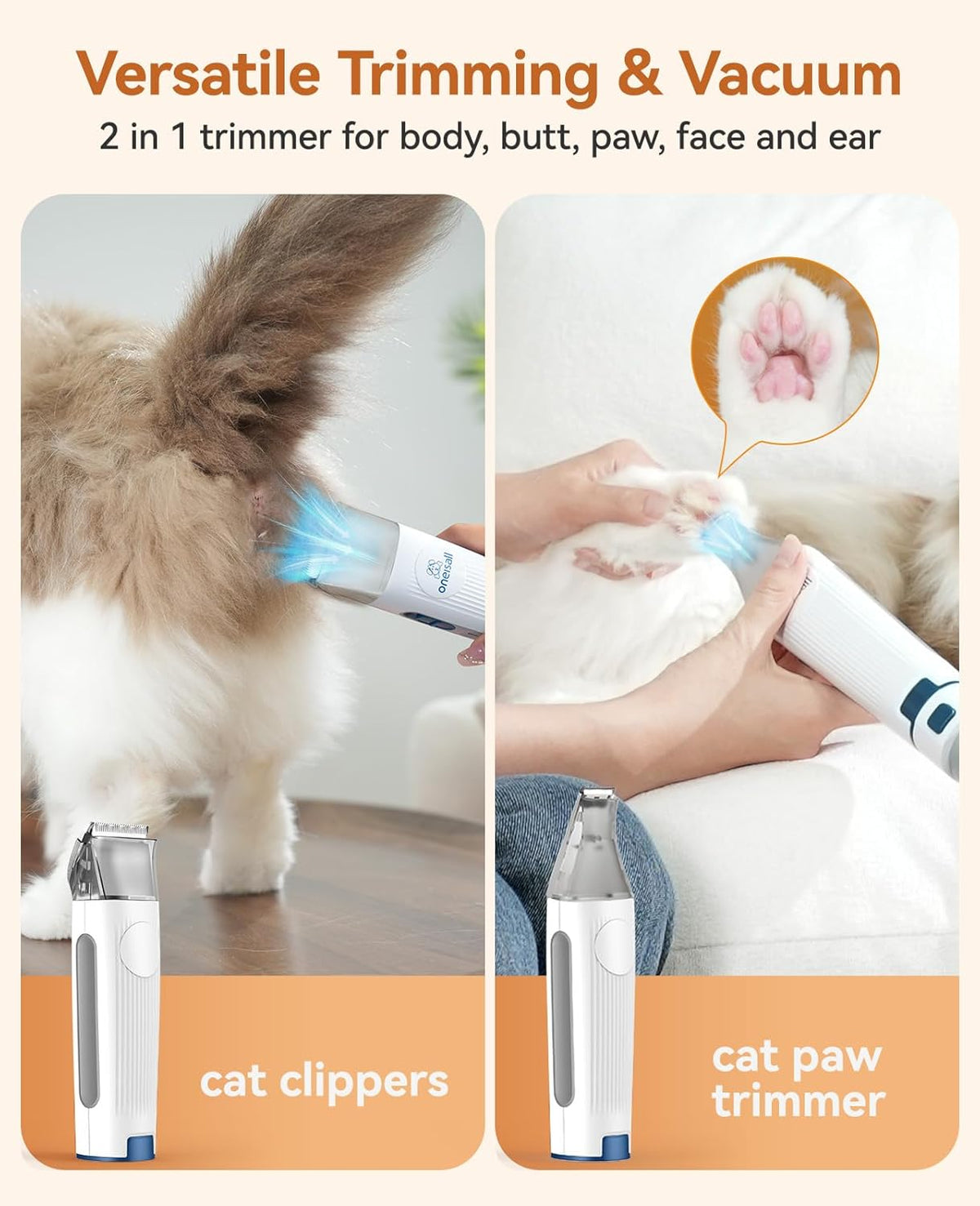 oneisall Cat Vacuum Groomer Quiet, Pet Vacuum Grooming Kit with Clipper Paw Trimmer & Brush, 1.5L