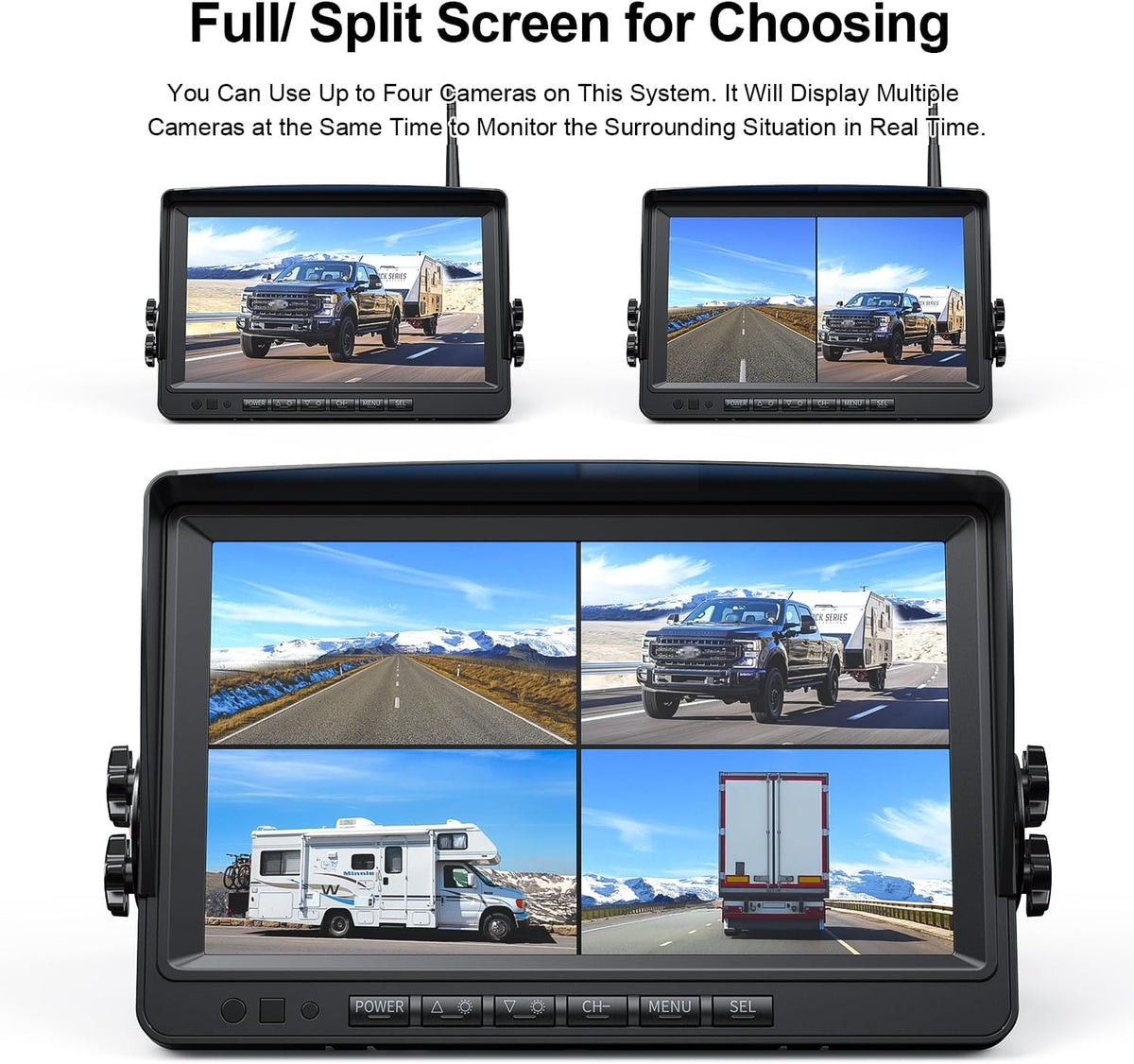 Fookoo 1080P 9" Wireless Backup Camera System, 9" HD Dual/Quad Split Monitor with Recording, IP69