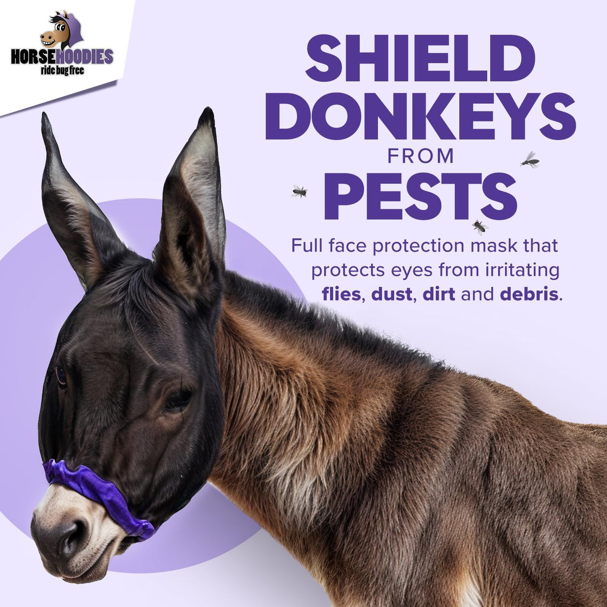 Donkey Fly Mask with Long Ears (Black) Half Hoodie for Standard Donkey, Made in USA - Mule Fly Mask