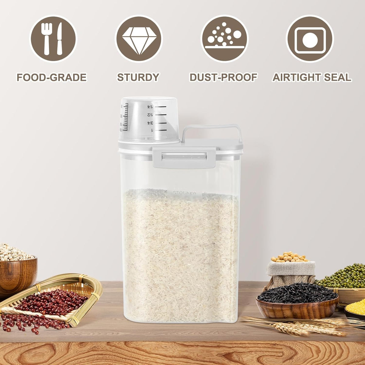 TBMax Rice Storage container 4 Lbs, Small Rice Dispenser with Measuring Cup, Grey Cereal Containers