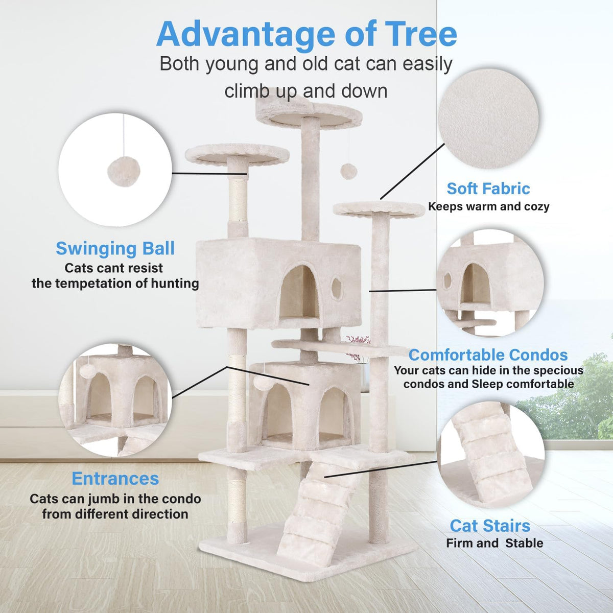 FDW Cat Tree 54in Cat Tower Multi-Level Durable Cat Scratching Post & Cozy Fun Cat Jumping Platform