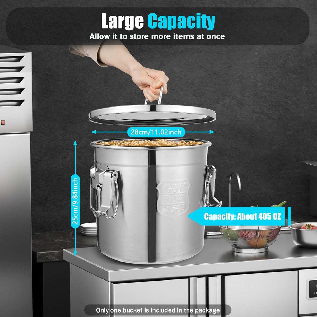 DYNAMI 304 Stainless Steel Airtight Canister for Kitchen, 3.2Gal/405oz Flour Container with Lid and