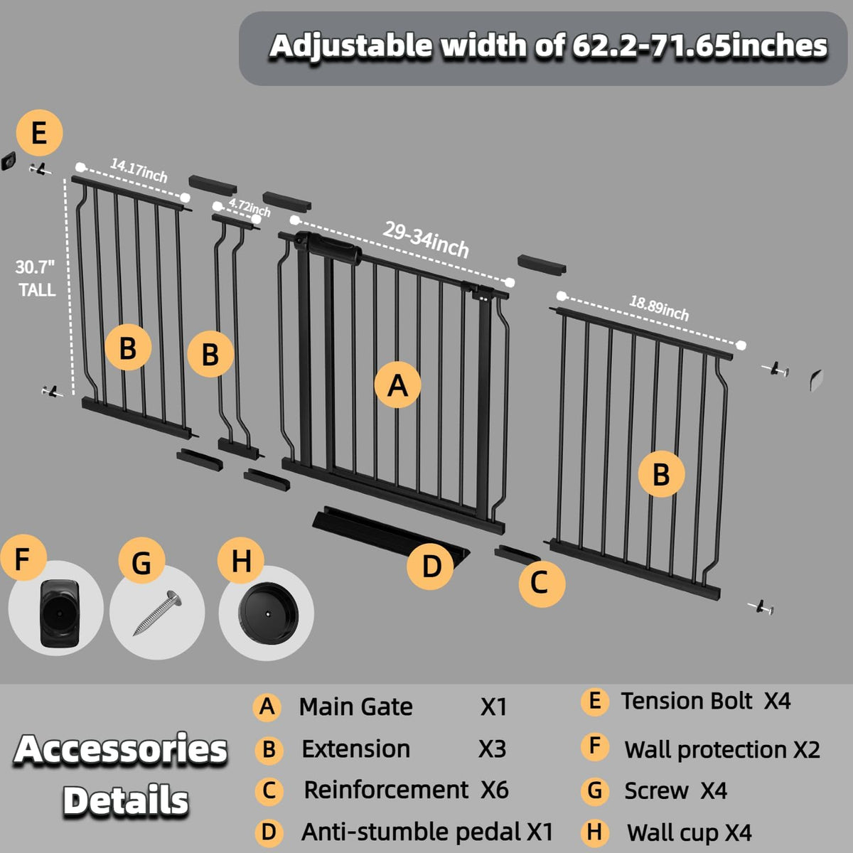 62.2"-71.65" Extra Wide Auto Closing Baby Safety Gate for Stairs & Doorways, Pressure Mounted No