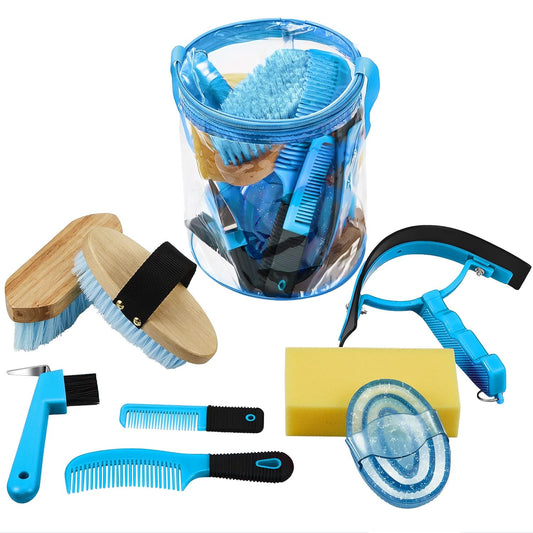 9 Pieces Horse Grooming Kit Tack Room Supplies Set with Organizer Tote Bag, Oval Massage Curry