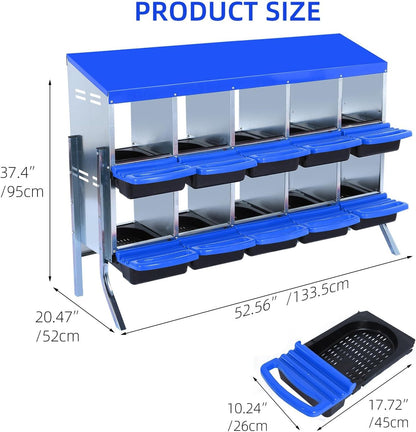 Chicken Nesting Boxes, 10 Hole Metal Chicken Laying Box with with Removable Trays and Roll Out Egg
