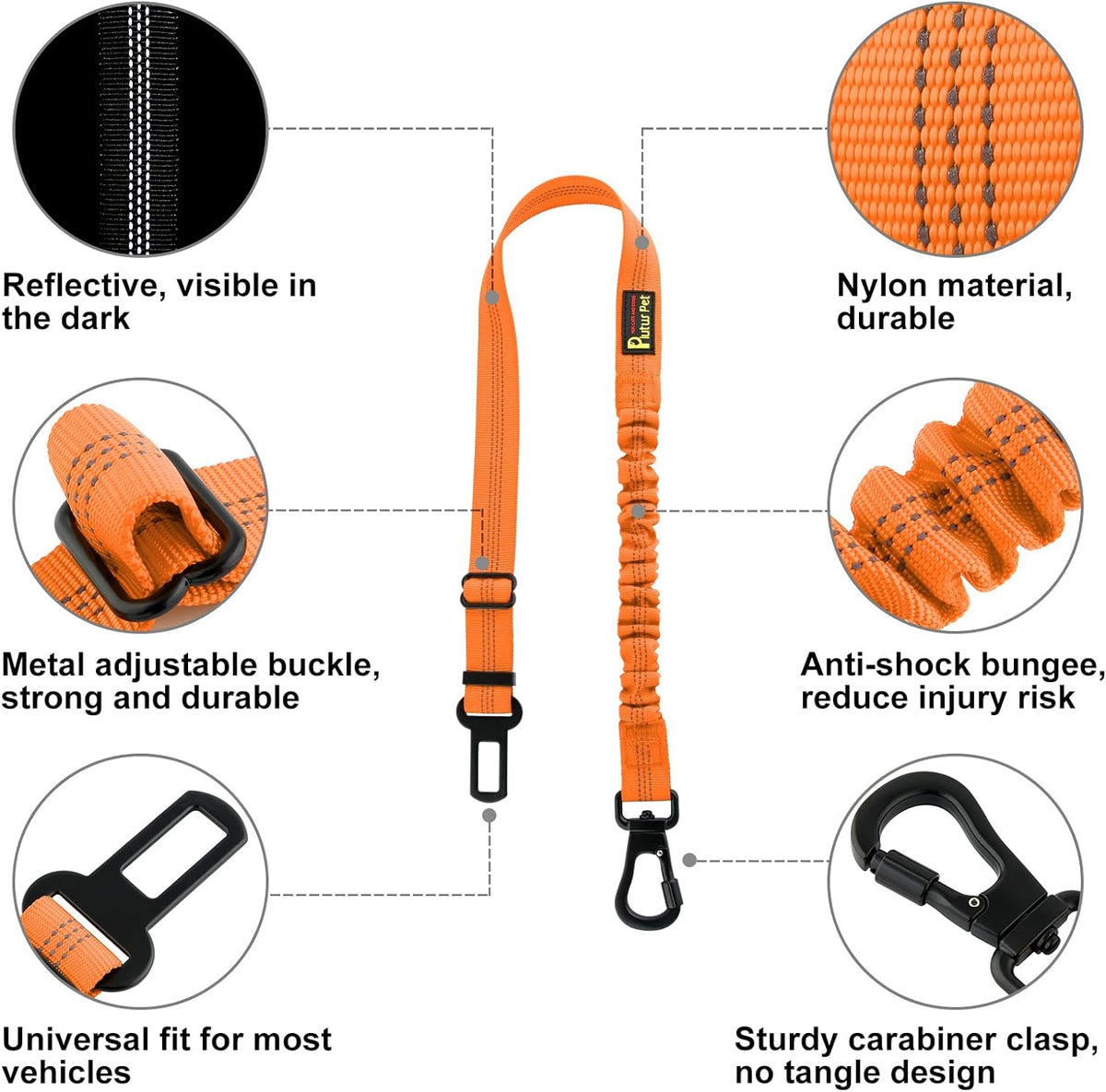 Plutus Pet Dog Seat Belt for Car, Adjustable Dog Car Harness with Carabiner Clip, Reflective Safety