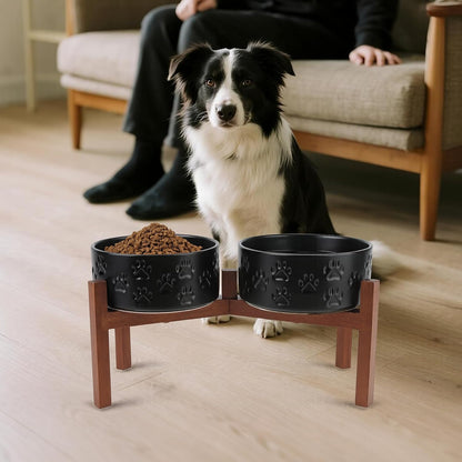 SPUNKYJUNKY Ceramic Elevated Dog Bowl Set with Acacia Wood Stand for Food and Water for Medium Dogs
