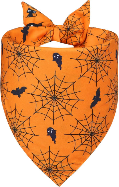 Halloween Dog Bandana for X-Large Dogs - Reversible Orange Jack-o-Lantern & Spiderweb Print Scarf
