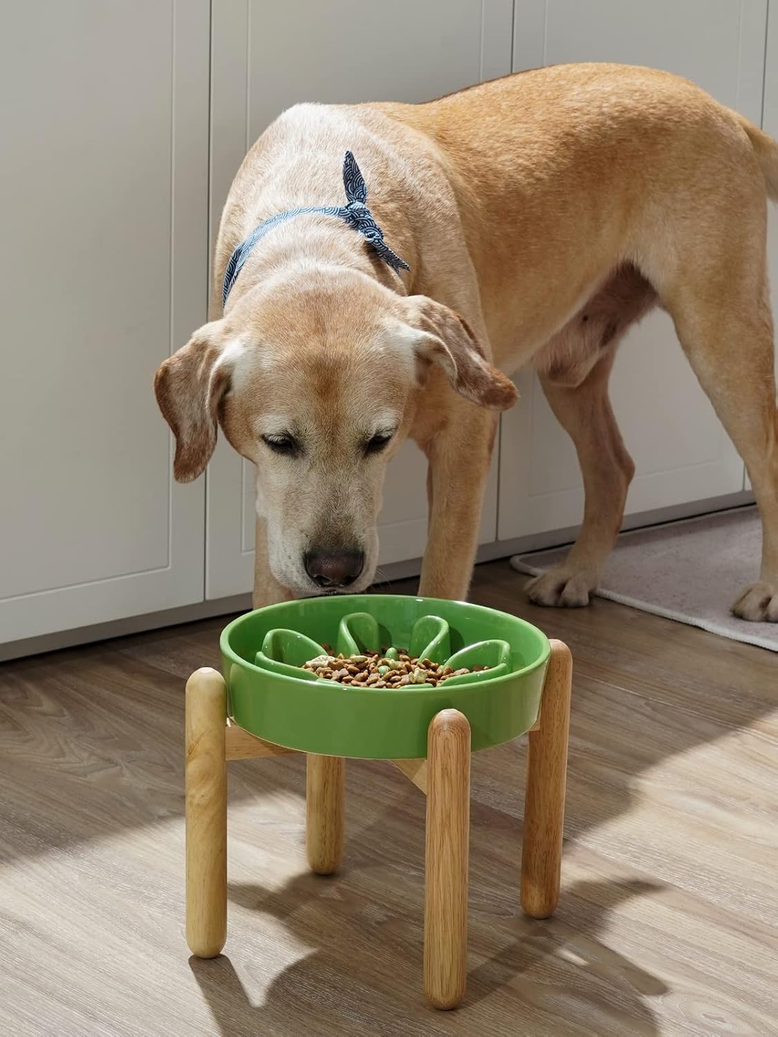 LE TAUCI Ceramic Slow Feeder Dog Bowls Elevated, 3 Cup Raised Bowl with Wooden Stand for Medium