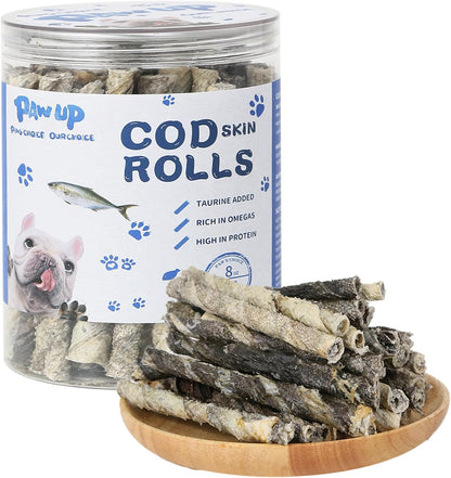 Cod Skin Rolls Dog Treats Natural High Omega 3 Dog Snacks, Single Ingredient Cod Skin Chews for