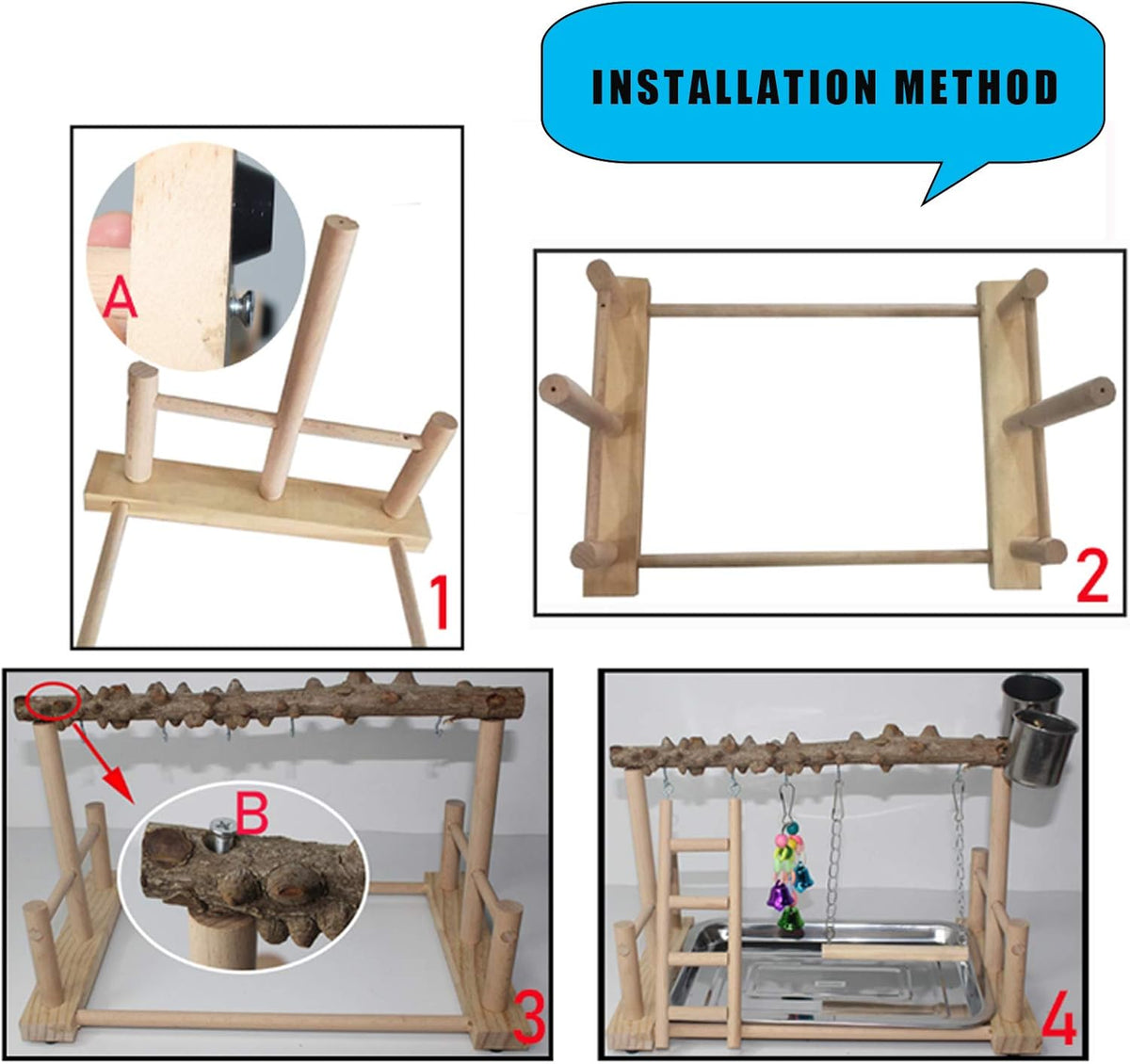 Hamiledyi Parrot Playground Bird Playstand Wood Exercise Play Perch Exercise Gym with Feeder Cups