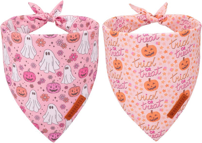 ADOGGYGO Halloween Dog Bandana, Pink Pumpkin Ghost Scarf, Adjustable Fit Female Halloween Bandanas