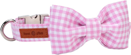 Lionet Paws Dog Collar with Bowtie, Comfortable Adjustable Cute Pink Gingham Bow Tie Collar for