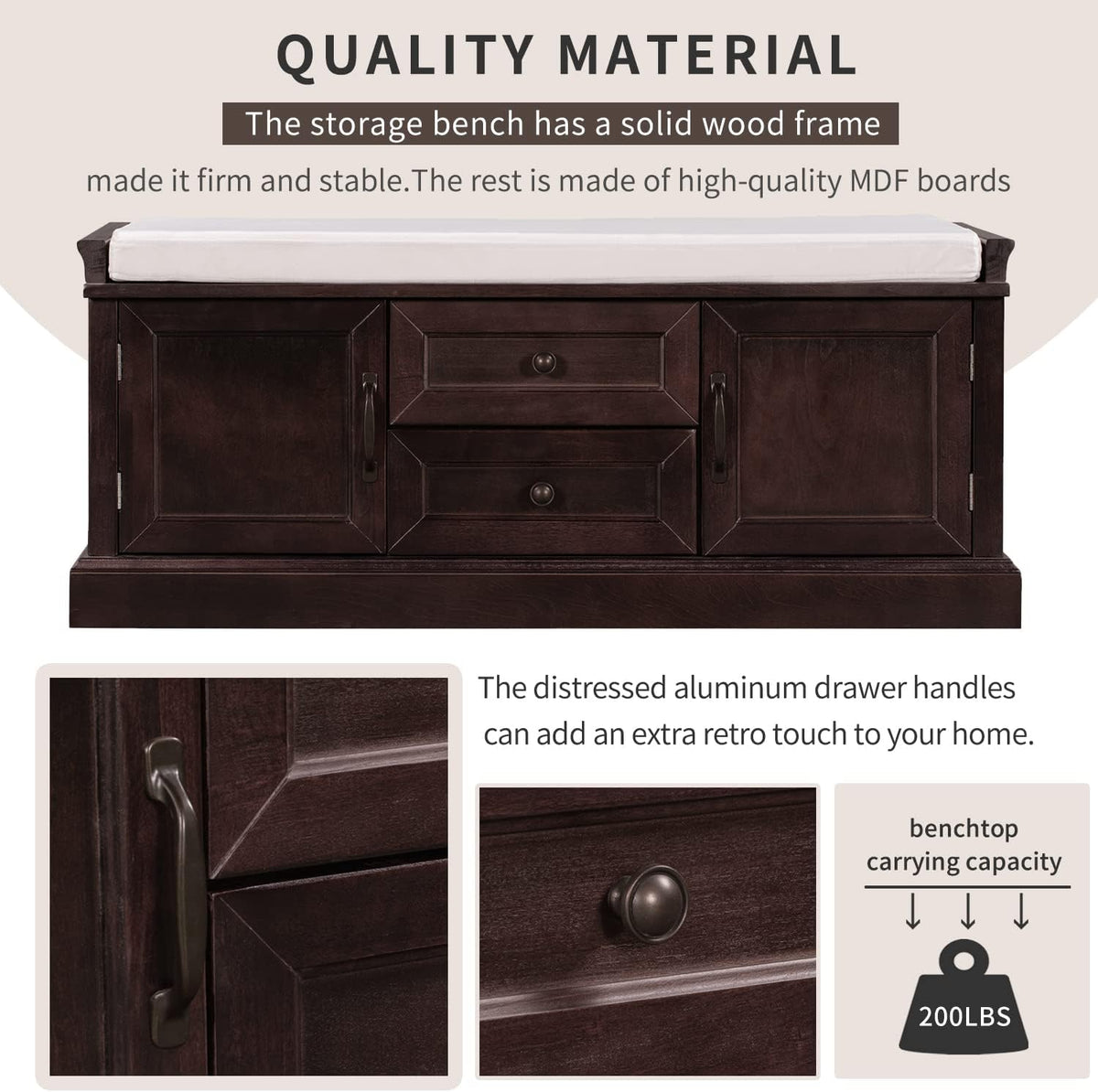 Storage Bench with 2 Drawers and 2 Cabinets, Pine Wood Pine Wood Shoe Bench with Removable Cushion