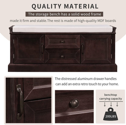 Storage Bench with 2 Drawers and 2 Cabinets, Pine Wood Pine Wood Shoe Bench with Removable Cushion