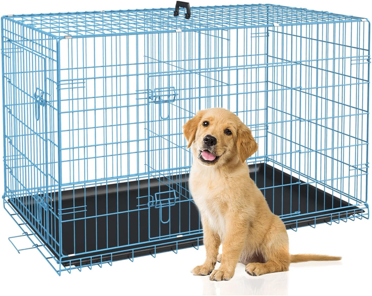 BestPet | Dog Crate | 30" | Blue | Foldable Metal Kennel with Double Doors, Secure Slide-Bolt