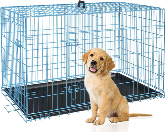 BestPet | Dog Crate | 30" | Blue | Foldable Metal Kennel with Double Doors, Secure Slide-Bolt