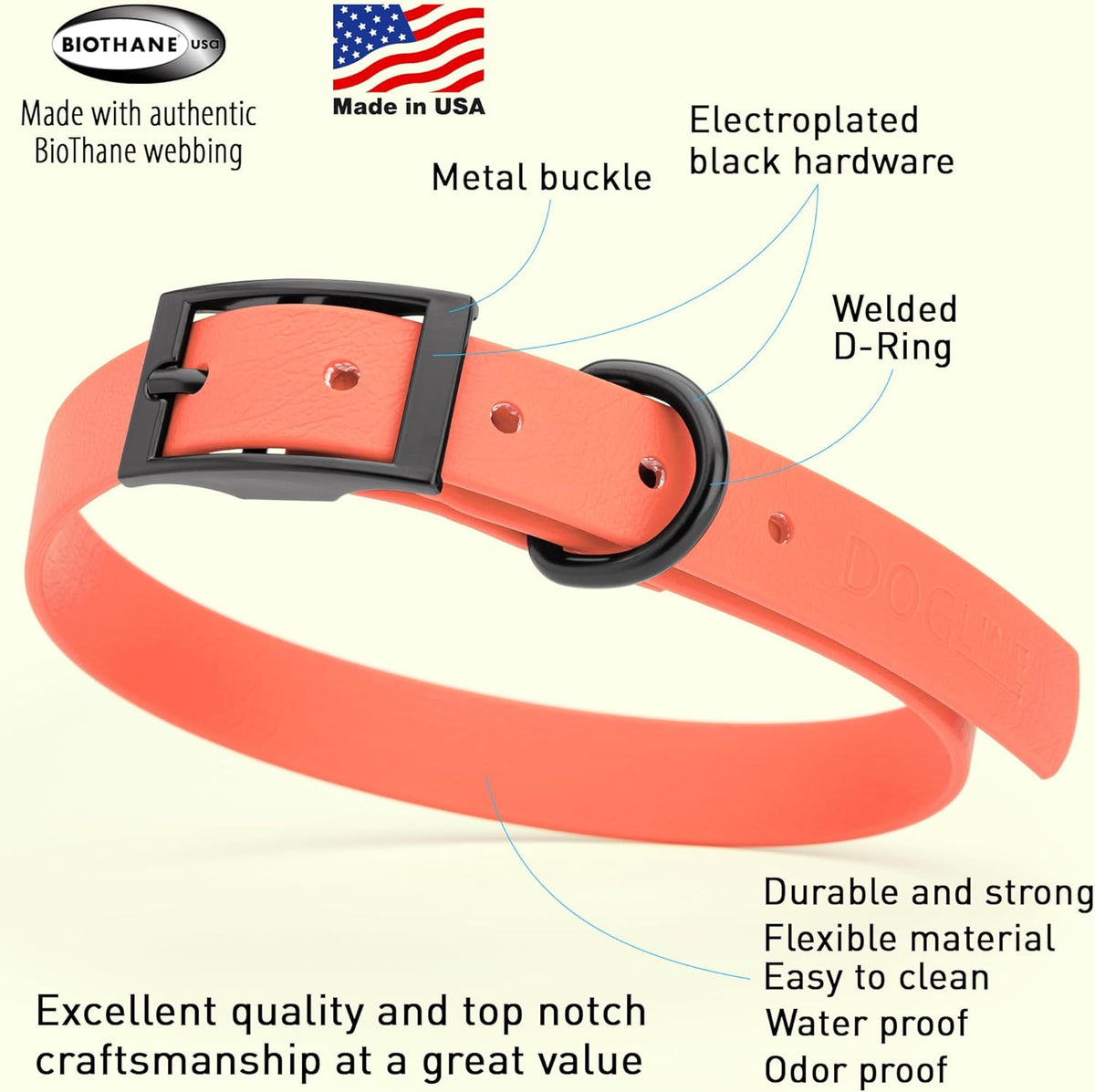 Dogline Biothane Waterproof Dog Collar Strong Coated Nylon Webbing with Black Hardware Odor- Proof
