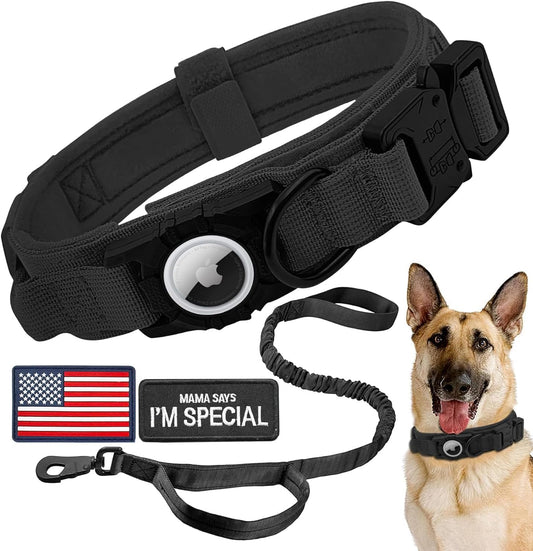 Tactical AirTag Dog Collar Leash Set - Heavy Duty, Adjustable GPS Collar Compatible with Apple