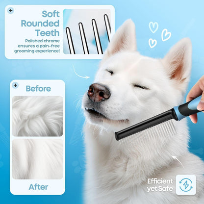 Flexzion Metal Pet Comb for Cats & Dogs - Sturdy Stainless Steel Rounded Teeth with Non-Slip Soft