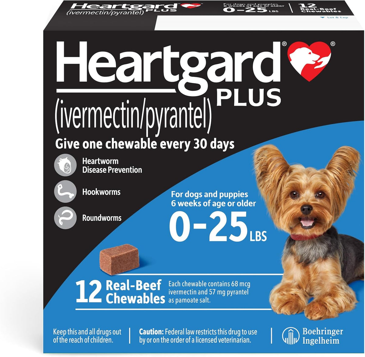 HEARTGARD® Plus (ivermectin/pyrantel) Real-Beef Chewables for Dogs up to 25 lbs (Blue Box) 12 Month