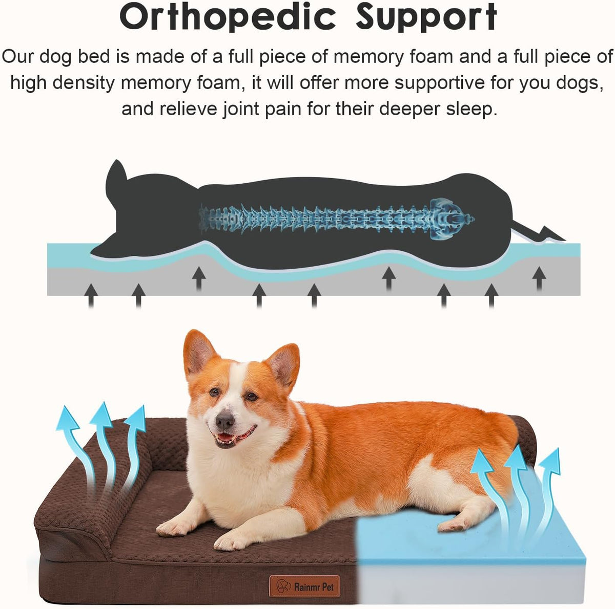 Orthopedic Dog Bed, 3 Inch Memory Foam Dog Beds for Large Dogs, Washable Removable Cover, Nonskid