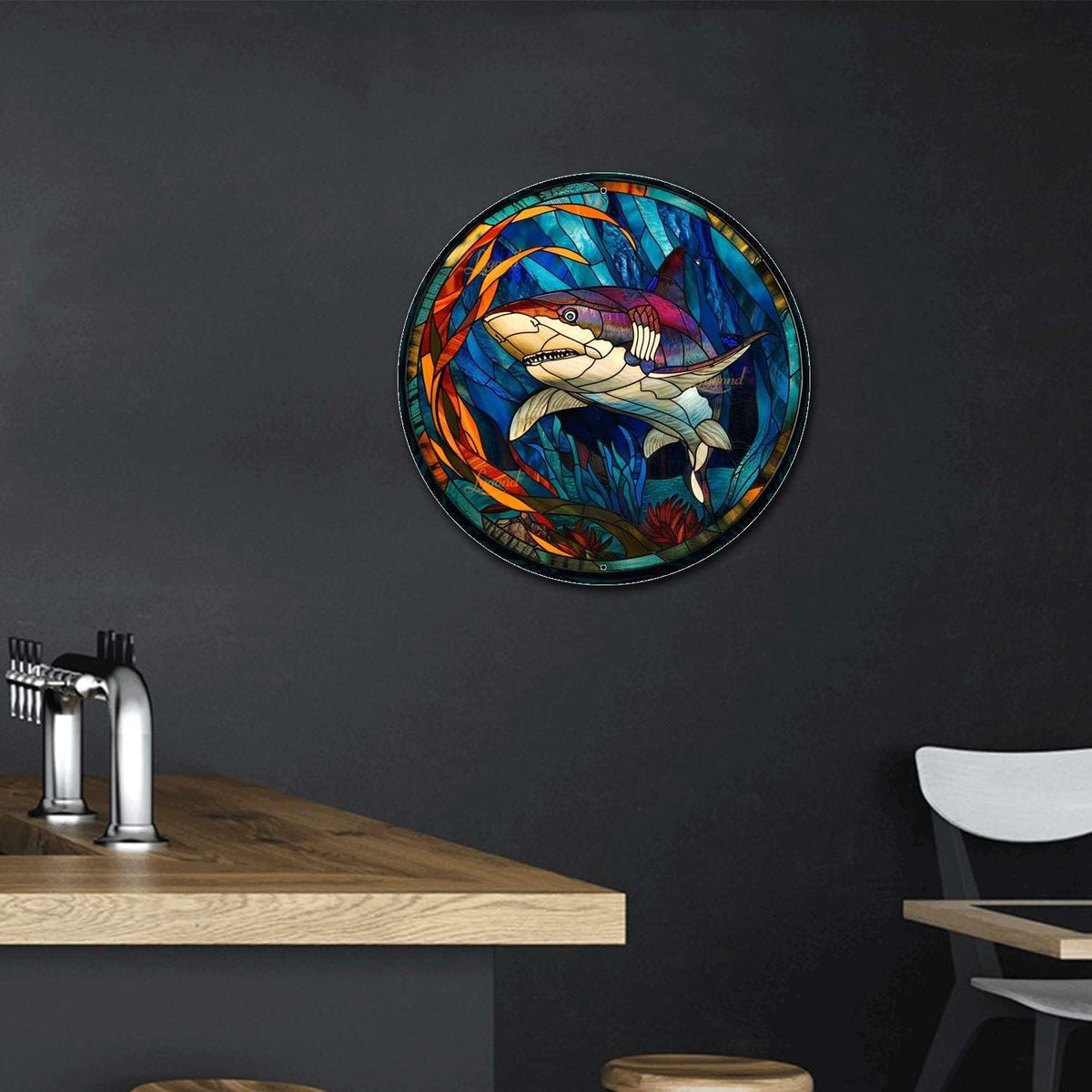 Lygond Metal Sign Tin Sign Circular Stained Glass Shark2 Home Deccor Store Home Decor for Patio