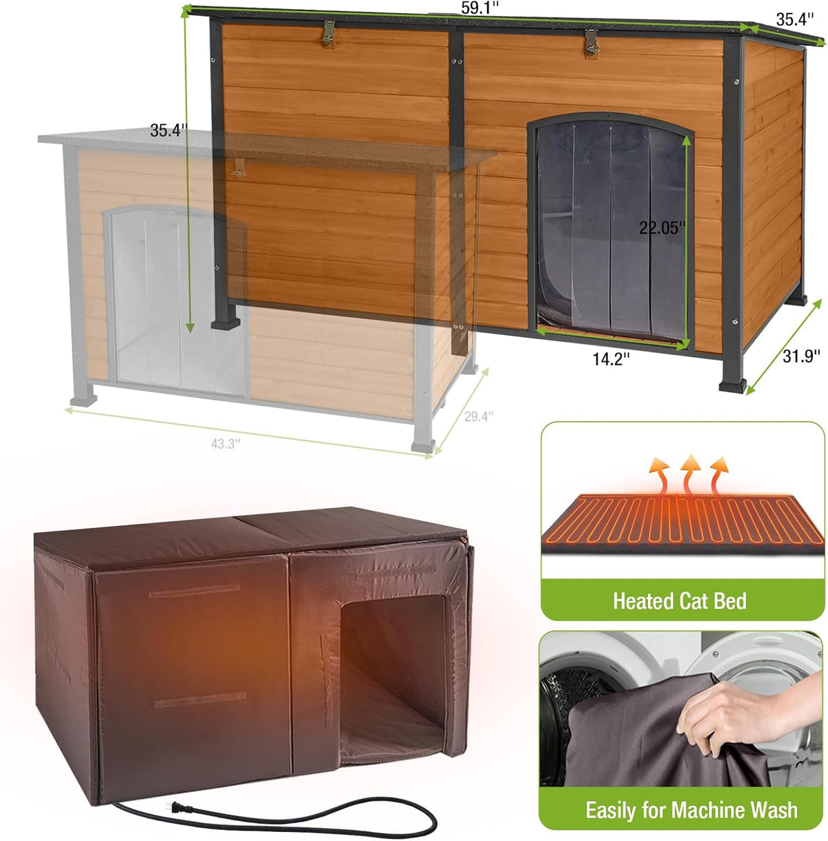 GUTINNEEN Heated Dog House Outdoor 59.1" Extra Large Dog Kennel with Metal Frame Insulated Dog
