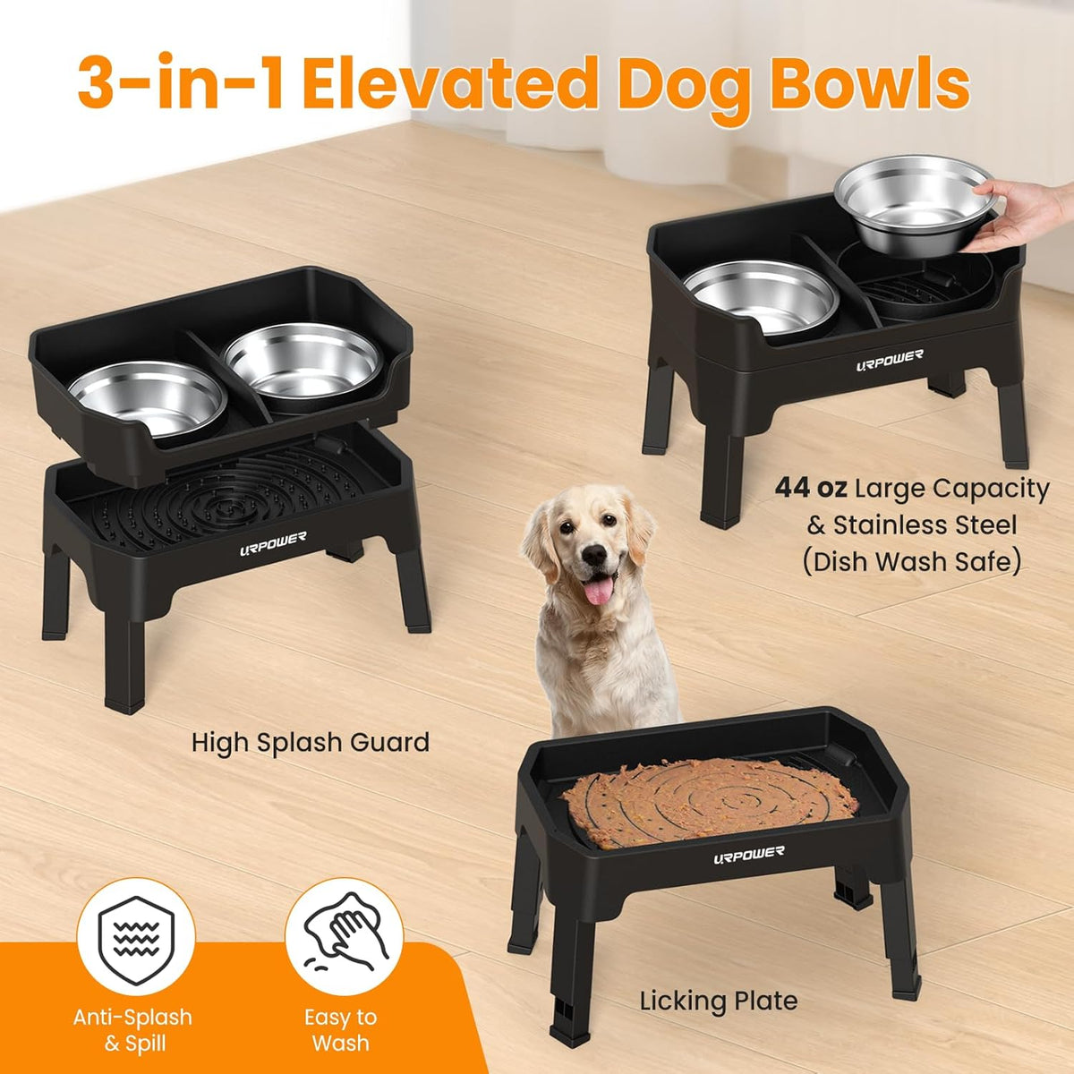 URPOWER 3-in-1 Elevated Dog Bowls - Mess Proof Double Deck 4 Height Adjustable Raised Stand with 2