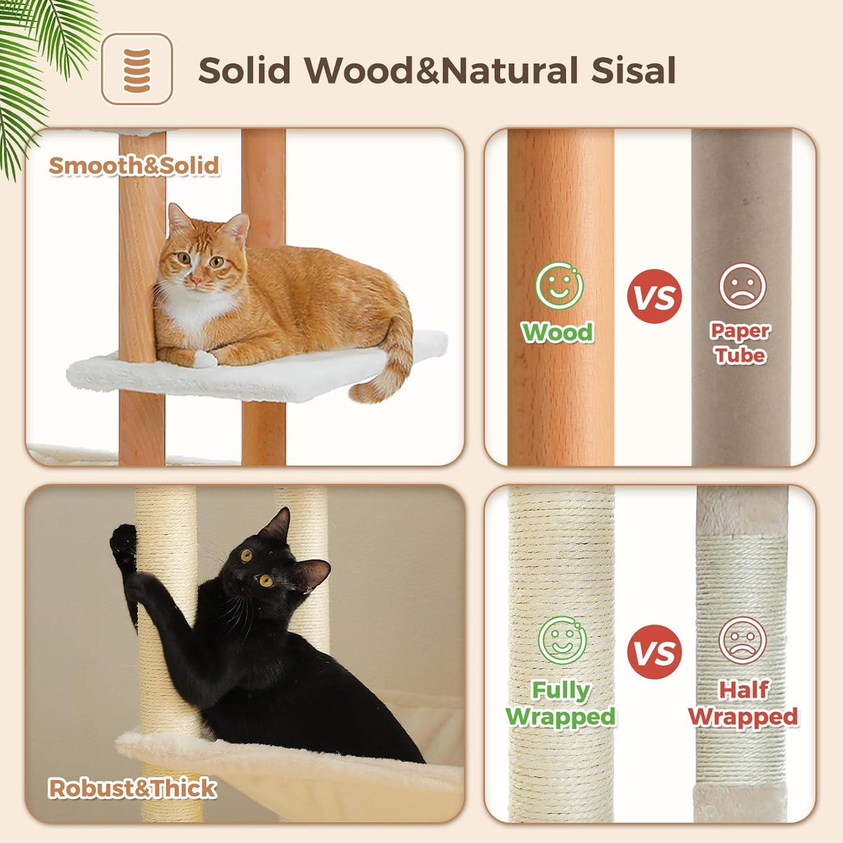 PAWZ Road Large Cat Tree, 73 Inches Tall Wooden Cat Tower with 2 Spacious Hammocks,2 Big Top Beds,8