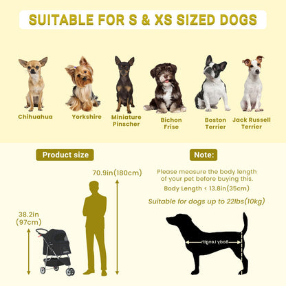 Pet Stroller Dog Stroller Portable Travel 3 Wheel Foldable Cat Stroller with Storage Basket and Cup