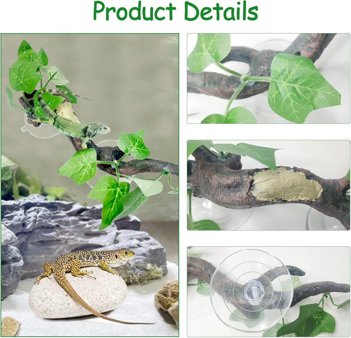 Fhiny 2 PCS Reptile Corner Branch, Resin Climb Tree Branch Decor with Leaves Tank Accessories
