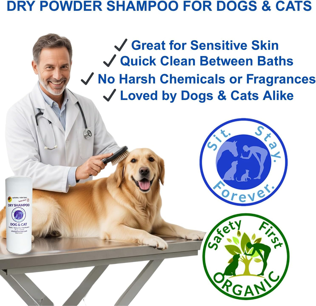Sit Stay Forever Dry Powder Shampoo for Dogs, Dry Shampoo for Smelly Dogs and Cats, Talco para