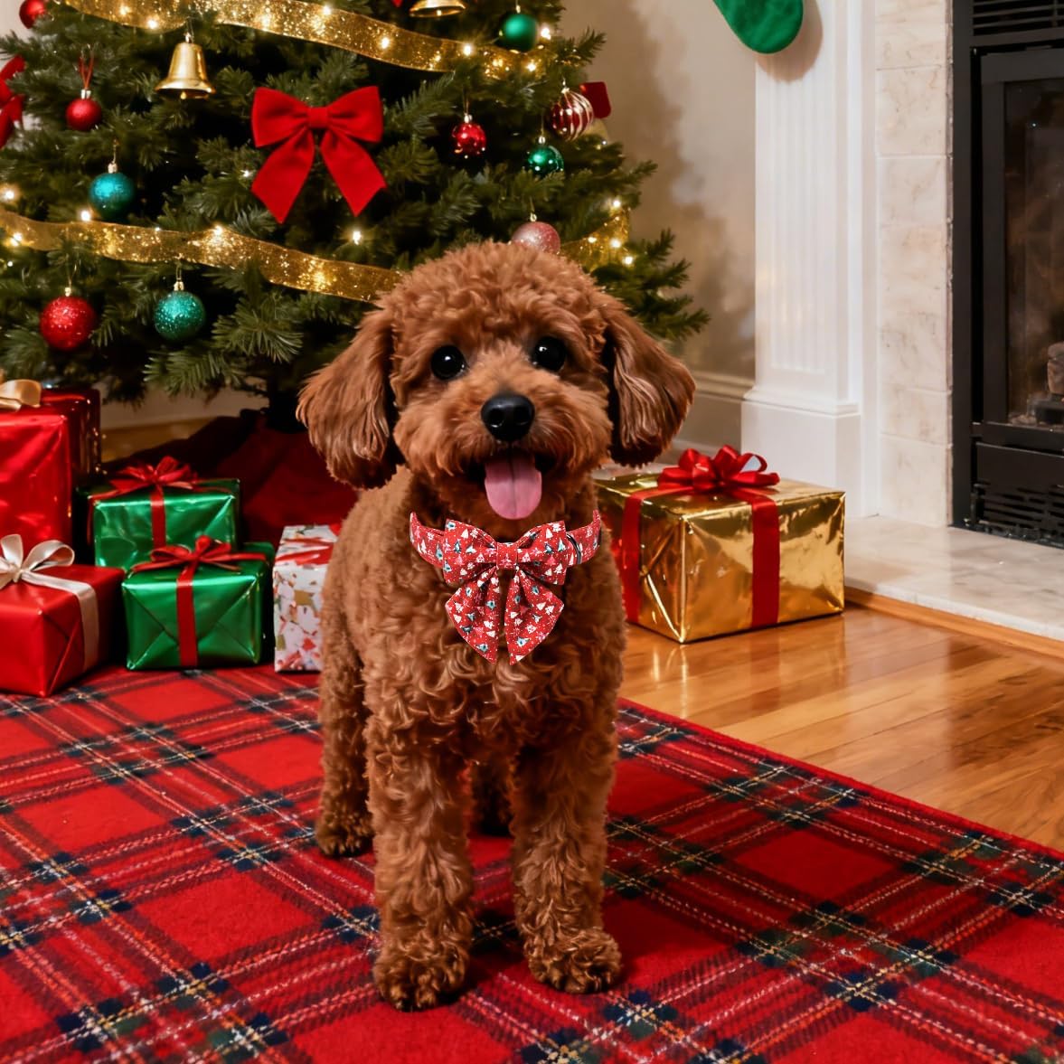 Lionet Paws Christmas Dog Collar with Sailor Bow, Cute Christmas Tree Red Dog Collar Bow Tie for