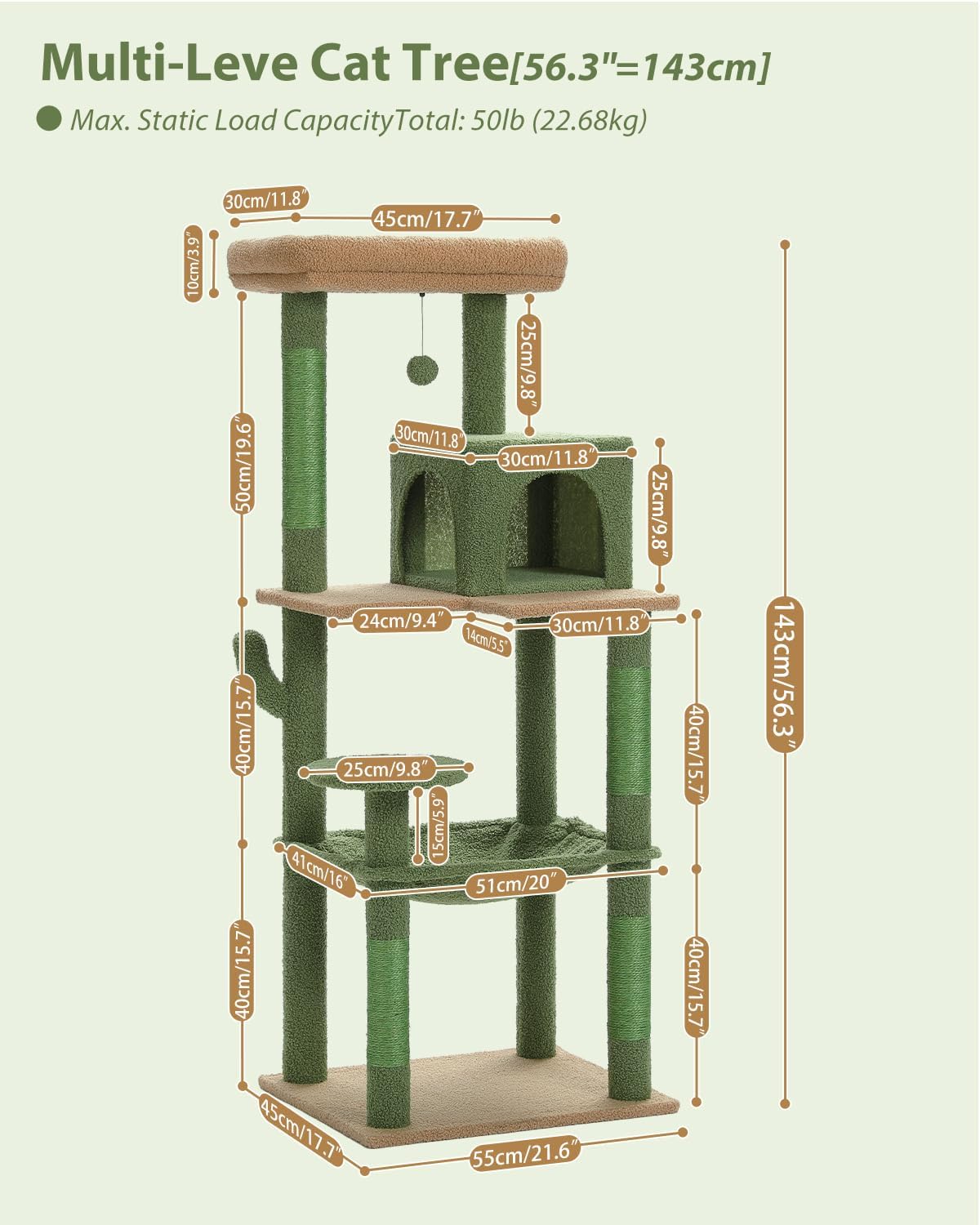 Cactus Cat Tree for Large Cats with Metal Plush Big Hammock, 56.3" Cat Tower for Indoor Cats with 2